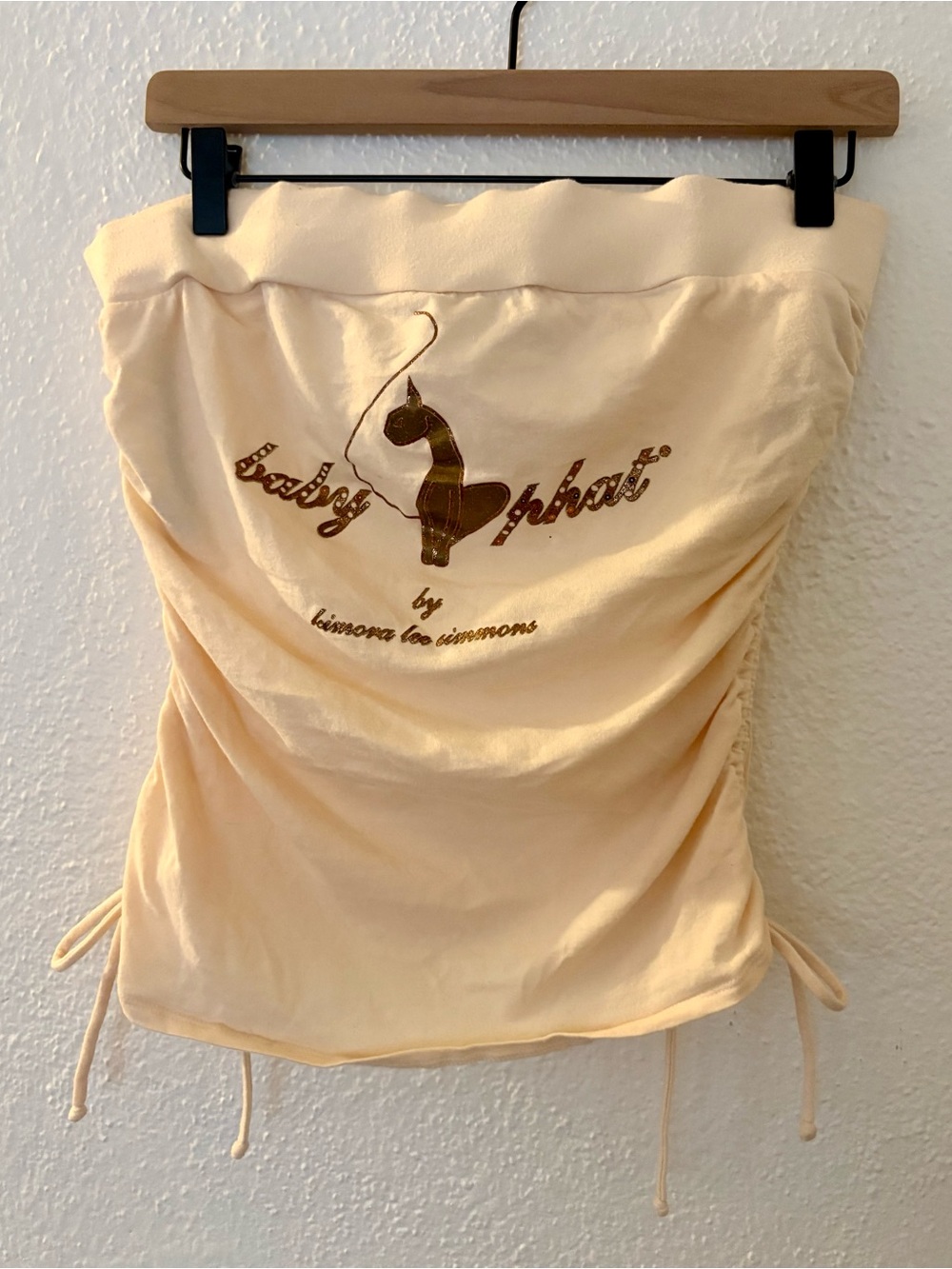 RARE Y2K Baby Phat Cream Copper Gold Cat Bling Logo Tube Top Side Tie Strapless